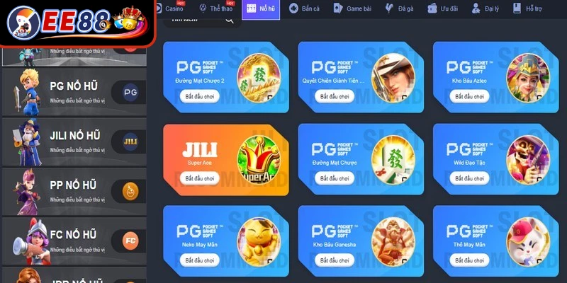 Top sảnh game được yêu thích hàng đầu tại chuyên mục nổ hũ EE88
